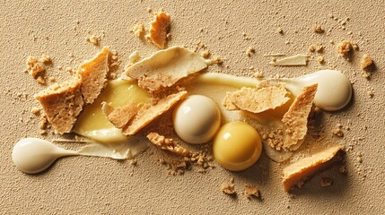 Deconstructed lemon tart components arranged asymmetrically, crisp pastry shards and smooth curd quenelles, pale sand-toned background, editorial fine dining composition with copy space