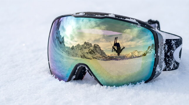 Horizontal panoramic banner of ski goggles on white snow with reflection of extreme skier jumping on mountain background, polarized snowboard mask website header template