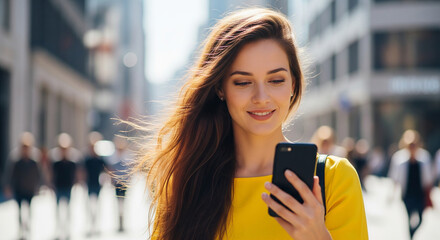 A happy woman walking on a city street looking at her mobile phone, perfect for urban lifestyle banners and connectivity goals