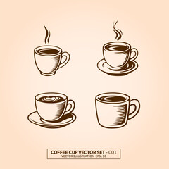 Vector set of coffee cup pack, vector illustration. Vintage style drawing Isolated items on white background.
