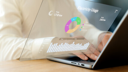 energy consumption analytics, digital monitoring in the modern workplace, energy efficiency, and cost optimization through electricity metering. person at a laptop with a digital interface