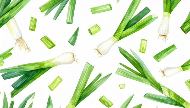 seamless background with leeks watercolor illustration