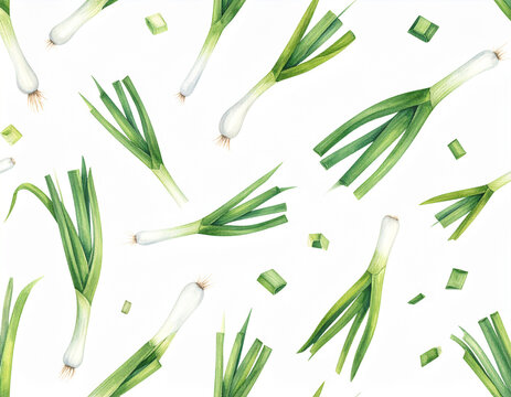 seamless background with leeks watercolor illustration
