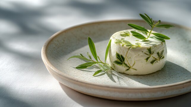 Lemon verbena semifreddo with delicate leaf imprint, pale ceramic plate, calm editorial lighting