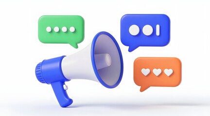 Stylized megaphone with speech bubbles promotes social media engagement on a white background