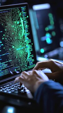 Programmer hands typing complex code, creating intricate data visualization in dimly lit technological workspace, symbolizing digital innovation and advanced software development