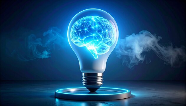 Futuristic Light Bulb with Glowing Digital Brain Representing AI Innovation - Powered by Adobe
