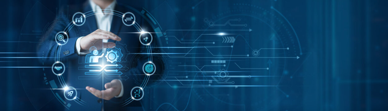 Businessman hand hold change management framework, digital transformation process, organizational adaptation strategy, business continuity
