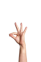 Woman hand doing ok gesture on a white background with copy space