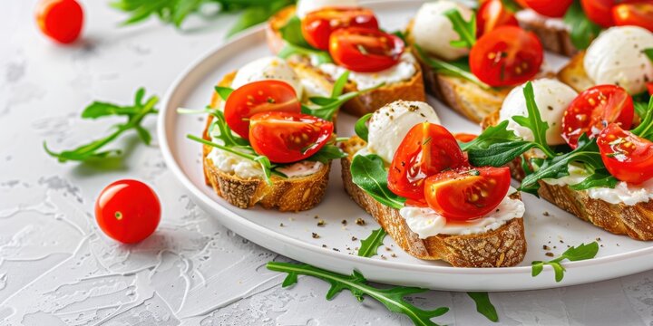Gourmet Appetizers: A plate is filled with savory bruschetta, artfully arranged and ready to tempt, featuring ripe tomatoes, creamy mozzarella, and fresh arugula