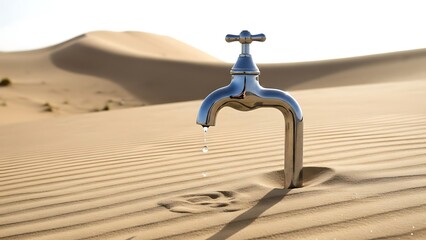 Faucet dripping water in desert sand dunes