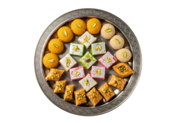 assorted mithai platter with laddoo and barfi for ramadan eid mubarak