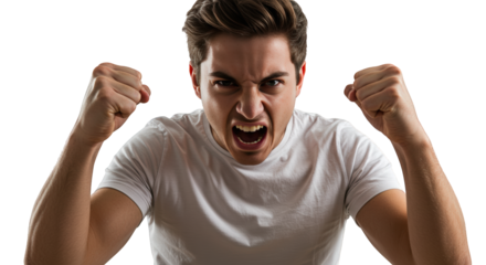 Angry young man with fists up in white t-shirt, Isolated On Transparent Background