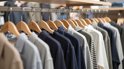 Obraz premium Shirts in various colors hanging on a clothing rack in the store