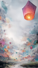 Colorful lanterns floating in the cloudy sky at dusk  