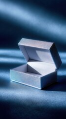 Elegant open silver box on textured blue surface with dramatic lighting