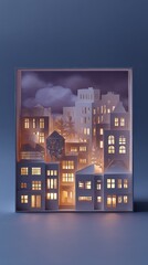 Intricate paper art: illuminated cityscape at dusk with warm glow