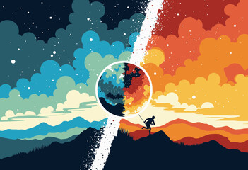Colorful Split Landscape with Divergent Sky Colors and Silhouetted Figure Overlooking Divided Horizon Amidst Vivid Mountains and Contrasting Sky Elements