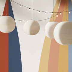 Modern hanging lanterns with string lights against colorful wall  