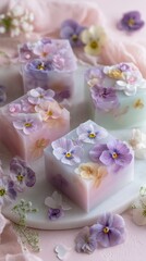 Elegant floral soap bars with delicate pastel blooms on marble surface