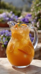 Refreshing citrus iced tea in transparent pitcher with oranges and ice outdoors