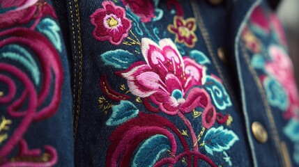 Colorful floral embroidery on denim jacket close-up