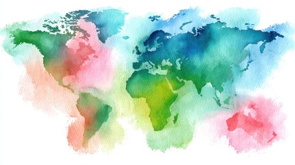 Colorful watercolor world map featuring continents and oceans International Public Domain Day