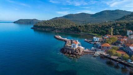 The little church of Panagia gorgona situated on a rock in Skala Sykamias, a picturesque seaside...