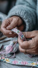 Elderly caucasian female crafting intricate handmade beaded bracelets with yarn