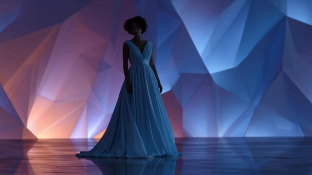 Elegant woman in gown poses against geometric backdrop.