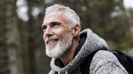 Mature caucasian male enjoying nature in gray hoodie