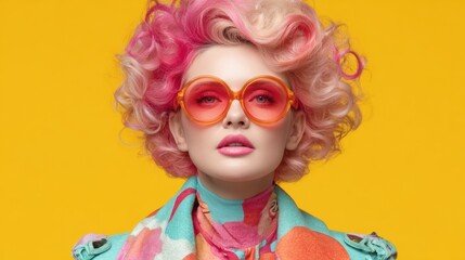 Female with pink curls in vibrant outfit and orange sunglasses on yellow background