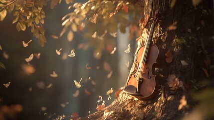 A violin growing from the trunk of a tree, musical notes floating as leaves in the wind, warm golden hour lighting, 