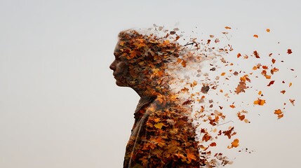 A human silhouette made of autumn leaves dissolving in the wind, calm poetic surreal art, soft focus and cinematic tone, 