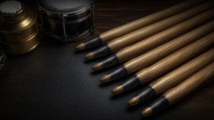 Marching drumsticks arranged beside snare drum on dark background  