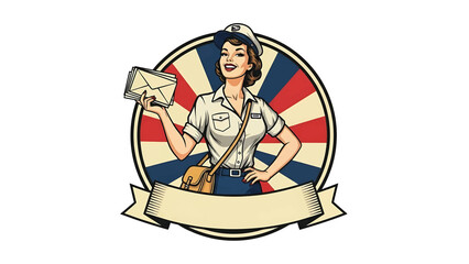 Vintage pin-up style vector illustration of a female postal worker made for delivery logo badges and service branding, with flat solid colors, retro street scene, and emblem design