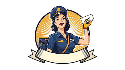 Vintage pin-up style vector illustration of a female postal worker made for delivery logo badges and service branding, with flat solid colors, retro street scene, and emblem design