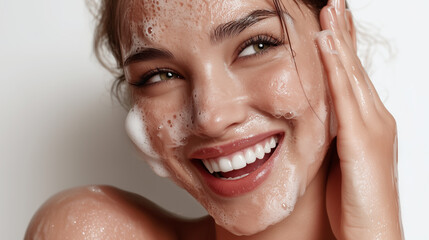 Ultra-Realistic Skincare Beauty Portrait with Cleanser Foam and Healthy Glowing Skin