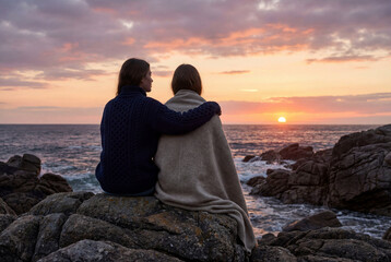 Romantic couple wrapped in a blanket, sitting on a rocky coast and watching the sunset over the sea. Love, travel, and tranquility concept.