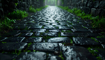 Fototapeta premium Medieval cobblestone road, dark wet stones glistening with rain, patches of green grass and dirt