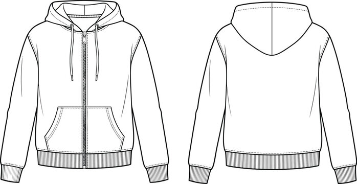 Hooded zip up sweatshirt front back view, full length zipper, drawstring hood, ribbed cuffs hem pockets fashion garment flat vector illustration