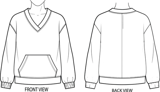 Long sleeve pullover sweatshirt front back view, v neckline overlap collar, kangaroo pocket ribbed cuffs hem fashion garment flat vector illustration