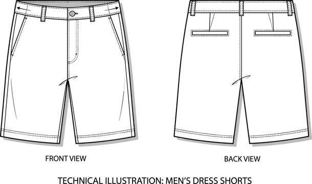 Men&rsquo;s dress shorts front back view, belt loops, zipper fly, button closure, welt pockets fashion garment design flat vector illustration