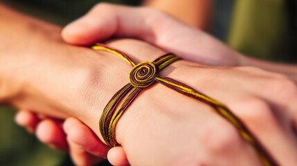 Close-up of hands tying Rakhi bracelet in celebration of tradition  