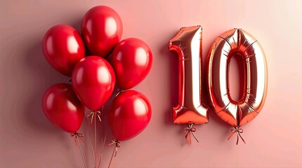 10th Anniversary Celebration Concept with Red Balloons and Rose Gold Number 10 Foil Balloons