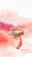 Delicate Rakhi bracelet with golden accents on watercolor background  