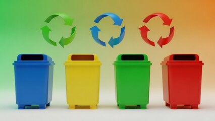 Four colored recycling bins with recycling arrows in green blue and red against gradient background