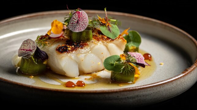 Baked cod loin plated with precision, off-white ceramic