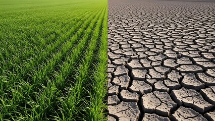 Green grass field next to dry cracked earth drought
