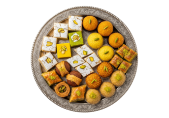 assorted middle eastern sweets platter with baklava and pastel confections